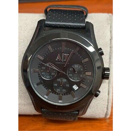 Armani Exchange Men`s Chronograph All Black Leather Strap Watch AX2073