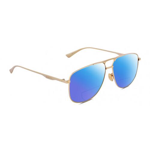 Gucci GG0336S Unisex Square Polarized Bifocal Reading Sunglasses Gold 60mm 41Opt Blue Mirror