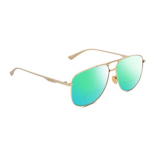 Gucci GG0336S Unisex Square Polarized Bifocal Reading Sunglasses Gold 60mm 41Opt Green Mirror