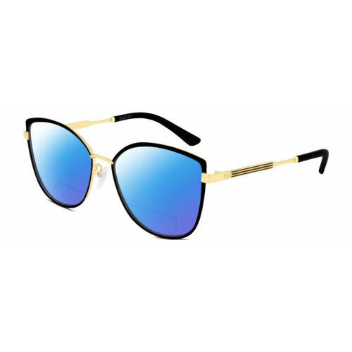 Gucci GG0589SK Women Cat Eye Polarized Bifocal Sunglasses Black Gold 57mm 41 Opt Blue Mirror