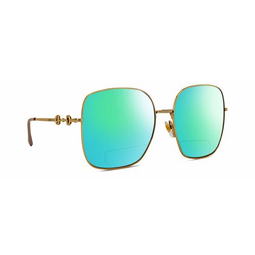 Gucci GG0879S Womens Polarized Bifocal Reading Sunglasses Gold Pearl 61mm 41 Opt Green Mirror