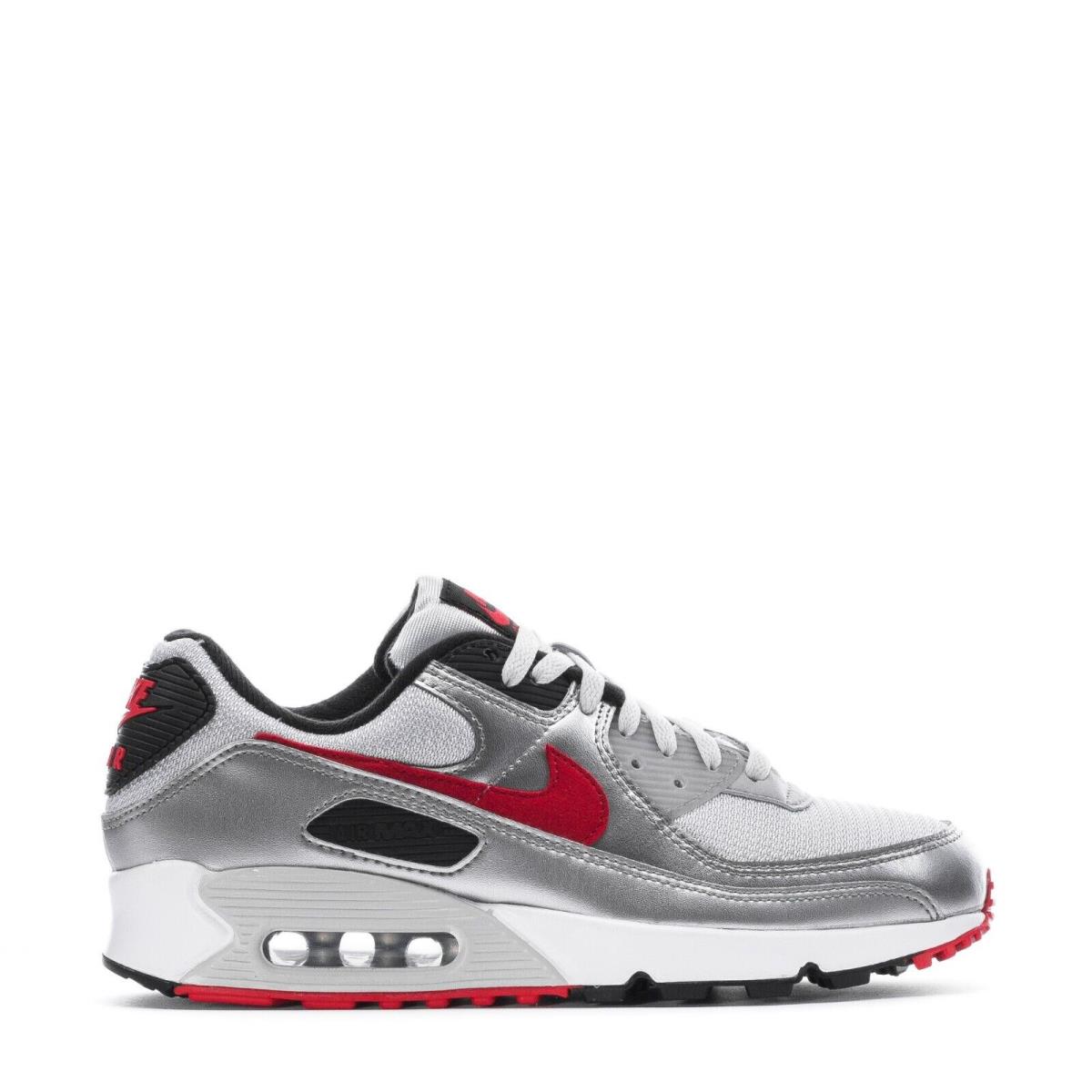 Men`s Nike Air Max 90 Swoosh Casual Shoes White Silver Red Sneakers Athletic