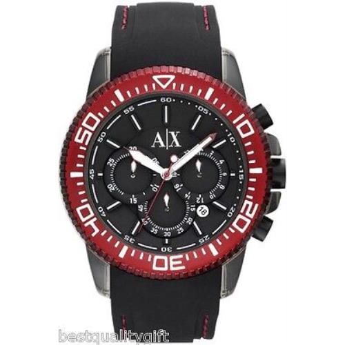 Armani Exchange Black Silicone Band+red Chronograph Date Watch AX1204-NEW