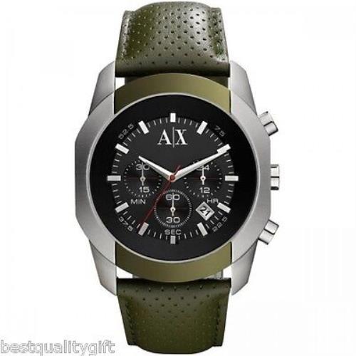 Armani Exchange Olive Green Perforated Leather+silver Black Chrono Watch AX1167