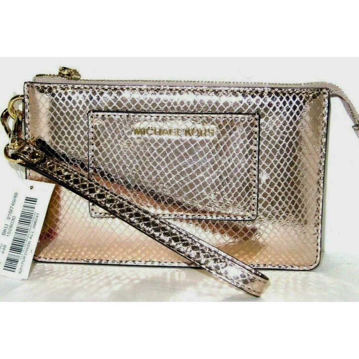 Michael Kors Soft Pink Metallic Leather Pocket Gusset Wristlet