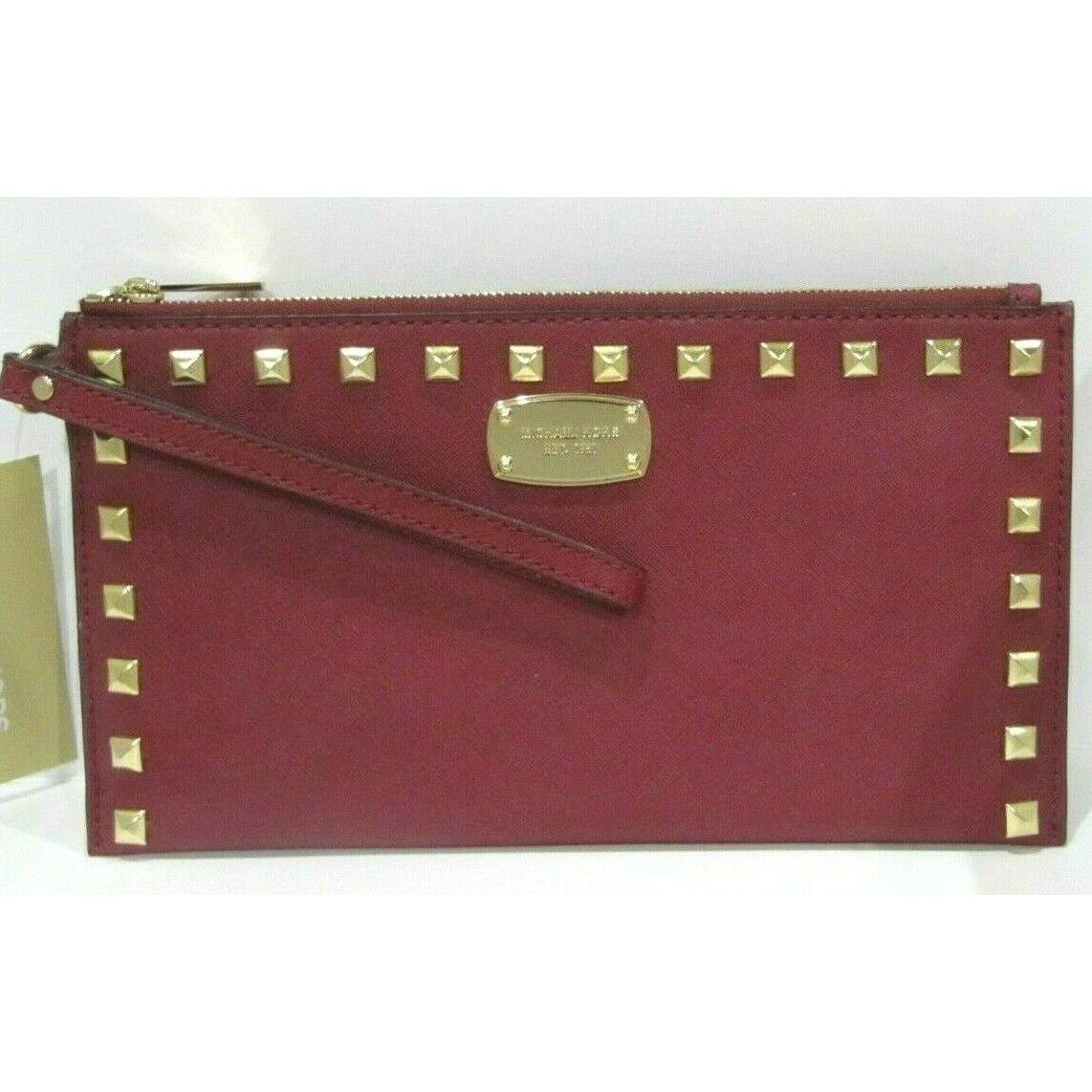 Michael Kors Nail Heads Studded Large Zip Clutch Wristlet Cherry Leather NWT$128