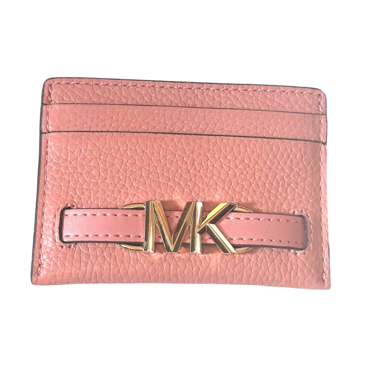 Michael Kors Reed Logo Card Holder Case- Leather- Primrose Pink- Gold Color MK