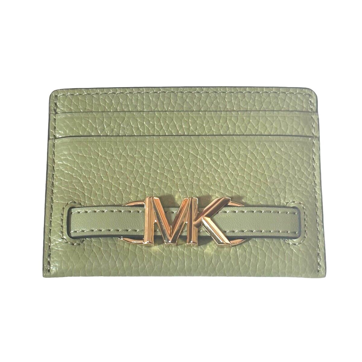 Michael Kors Reed Logo Card Holder Case- Leather-light Sage Green- Gold Color MK