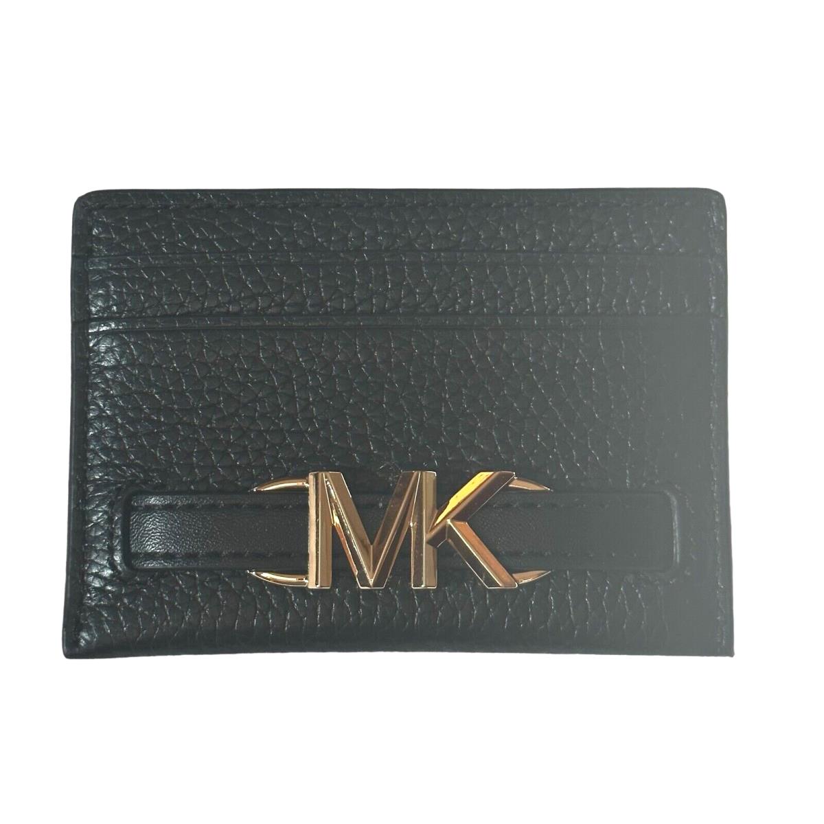 Michael Kors Reed Logo Card Holder Case- Leather- Black- Gold Color MK