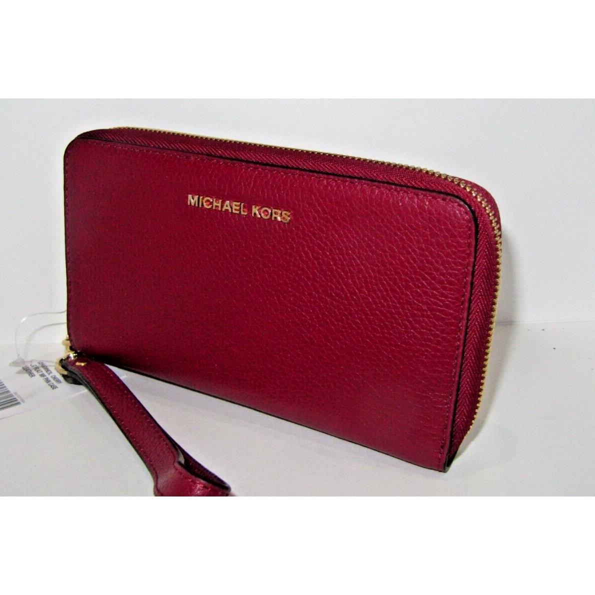 Michael Kors Mercer Large Zip Around Phone Case Cherry Leather Wallet Wristlet