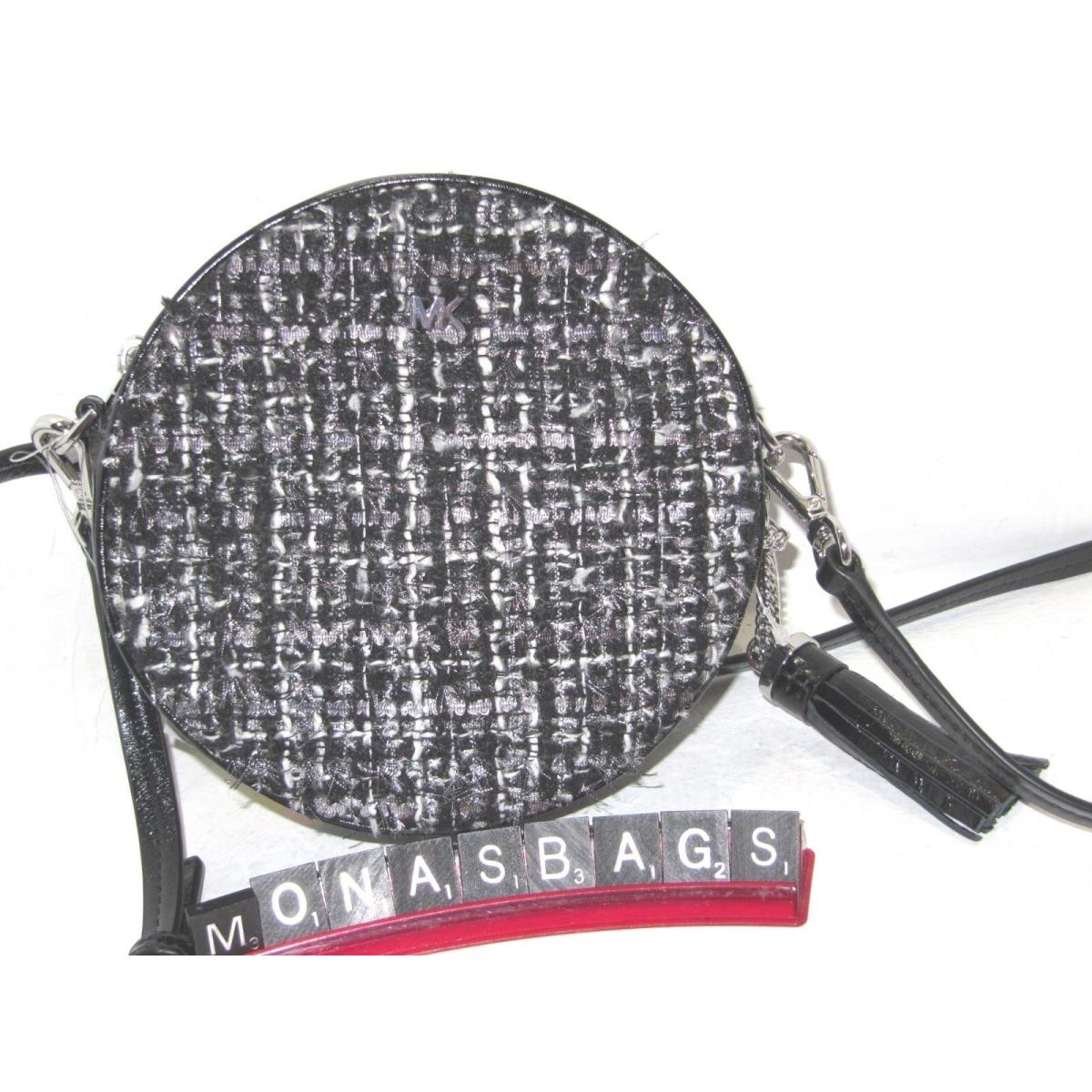 Michael Kors Leather Canteen Black White Tweed Crossbody Bag Tassel