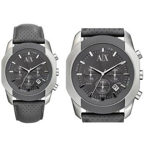 Armani Exchange Gray Perforated Leather+silver Gunmetal Dial+chrono Watch AX1169