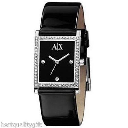 Armani Exchange Black Patent Leather+silver Tone Pave Crystal Dial Watch AX4069