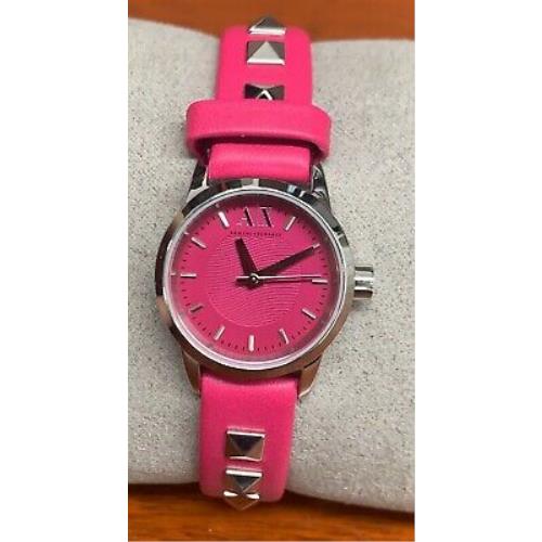 A X Armani Exchange Women`s Silver-tone Studded Pink Leather Strap Watch AX6022