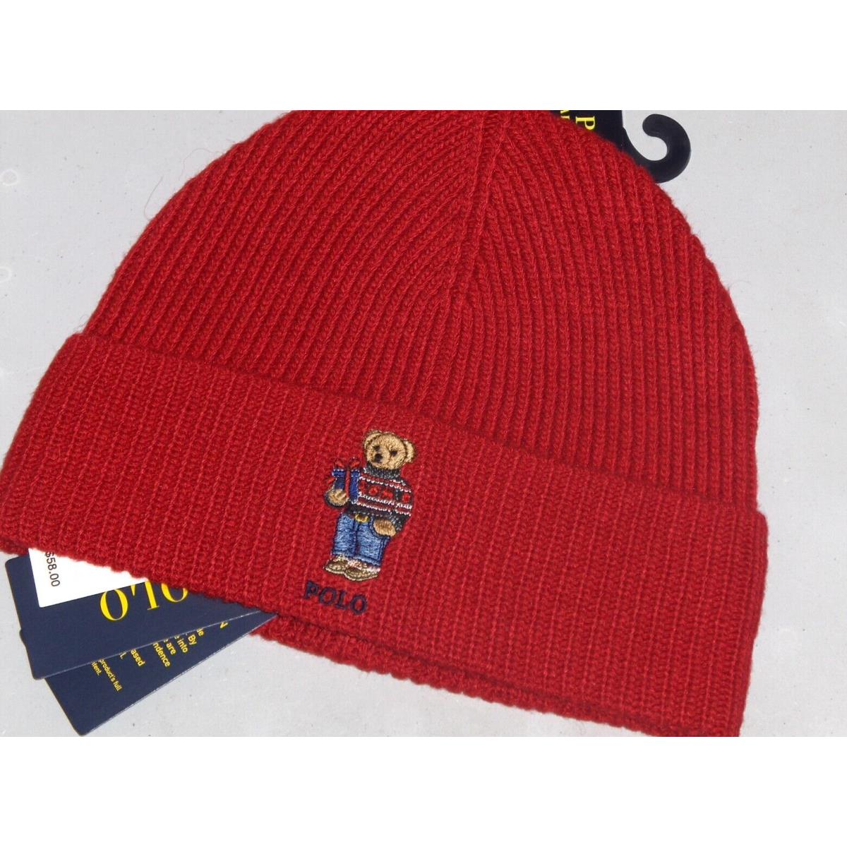 Polo Ralph Lauren Men`s Rib Knit Holiday Polo Bear Beanie Hat Watch Ski Cap Red