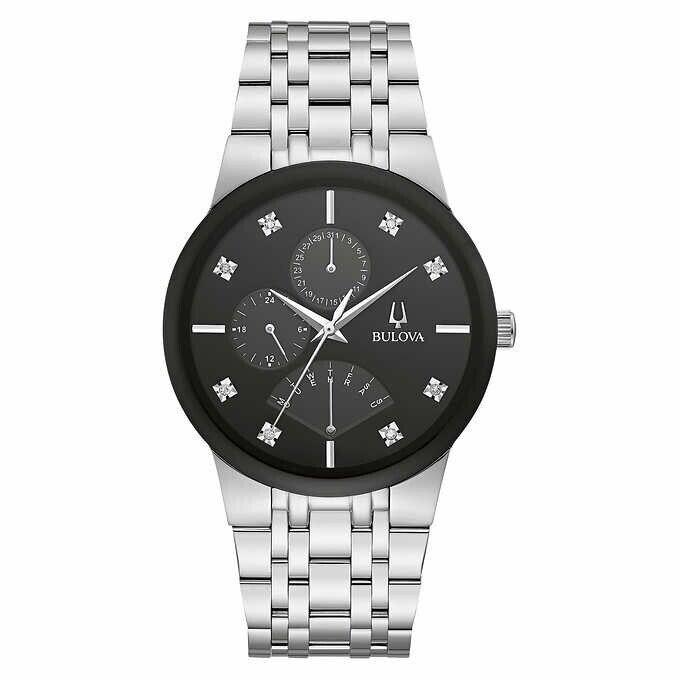 Bulova 96D148 Silver Tone Stainless Steel Diamond Accented Men`s Watch - Dial: Black, Band: Silver, Bezel: Silver