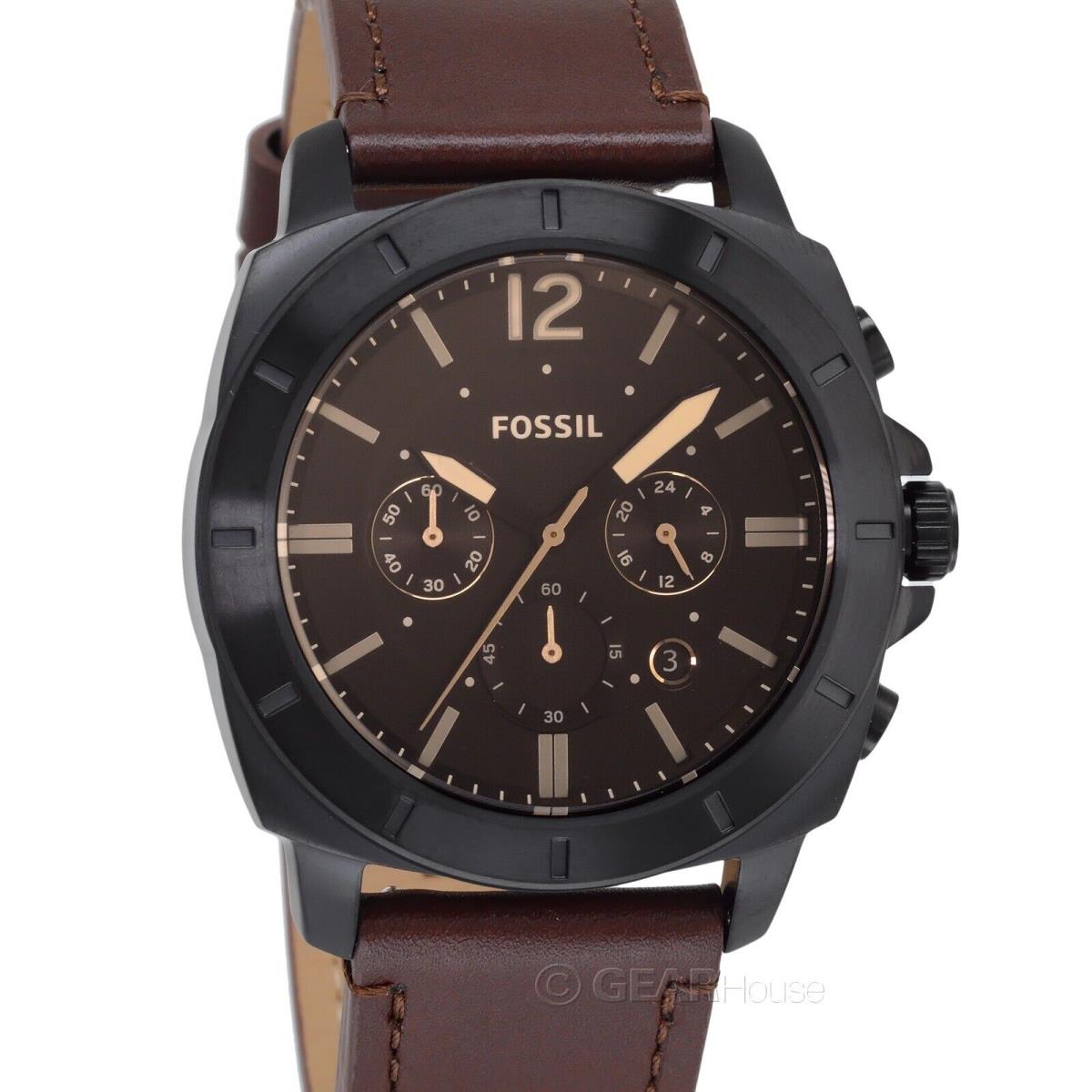 Fossil Privateer Mens Chronograph Watch Black Dial Brown Leather Strap