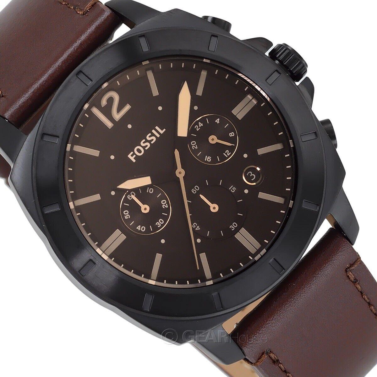 Fossil Privateer Mens Chronograph Watch Black Dial Brown Leather