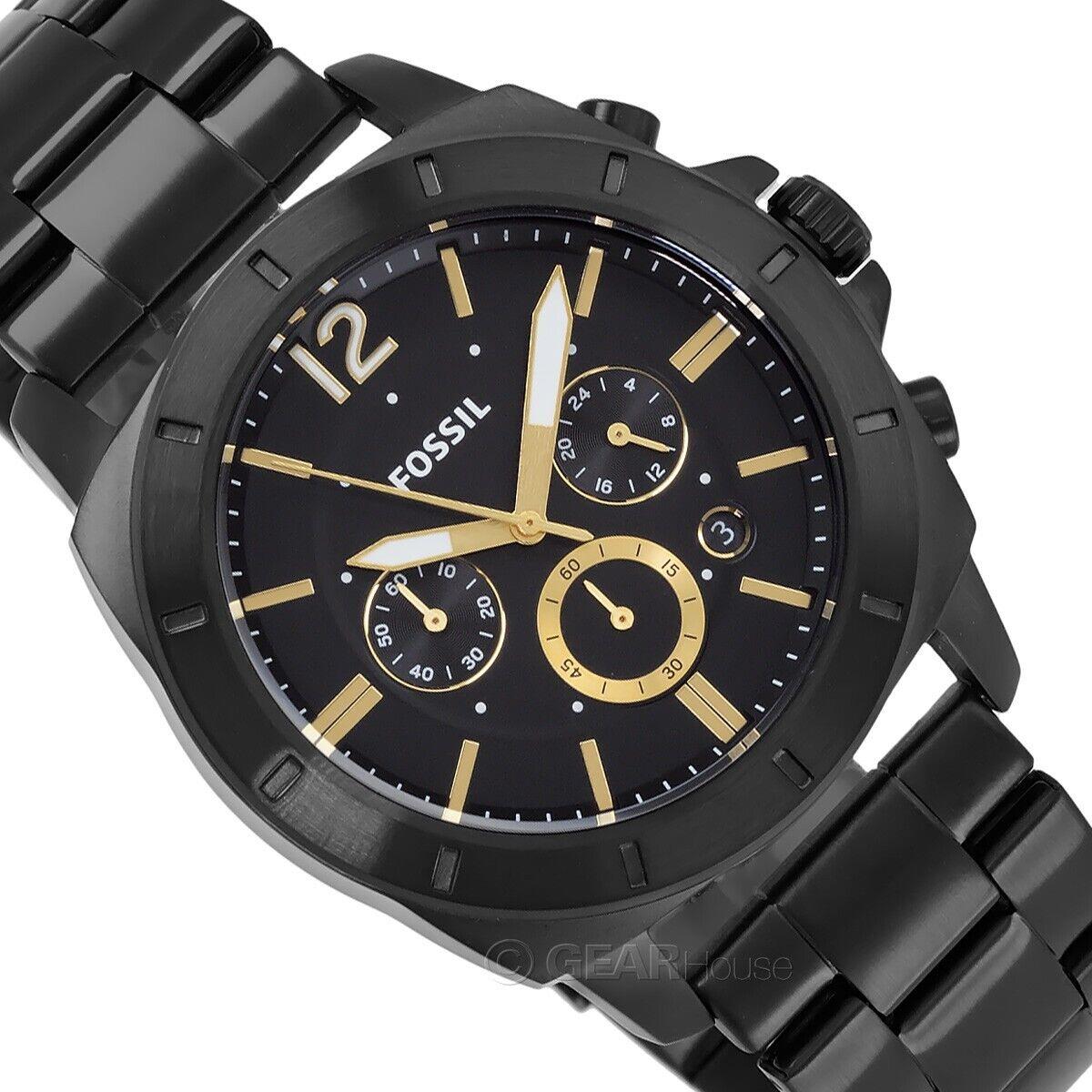Fossil Privateer Mens Chronograph Watch Black Gold Dial Stainless