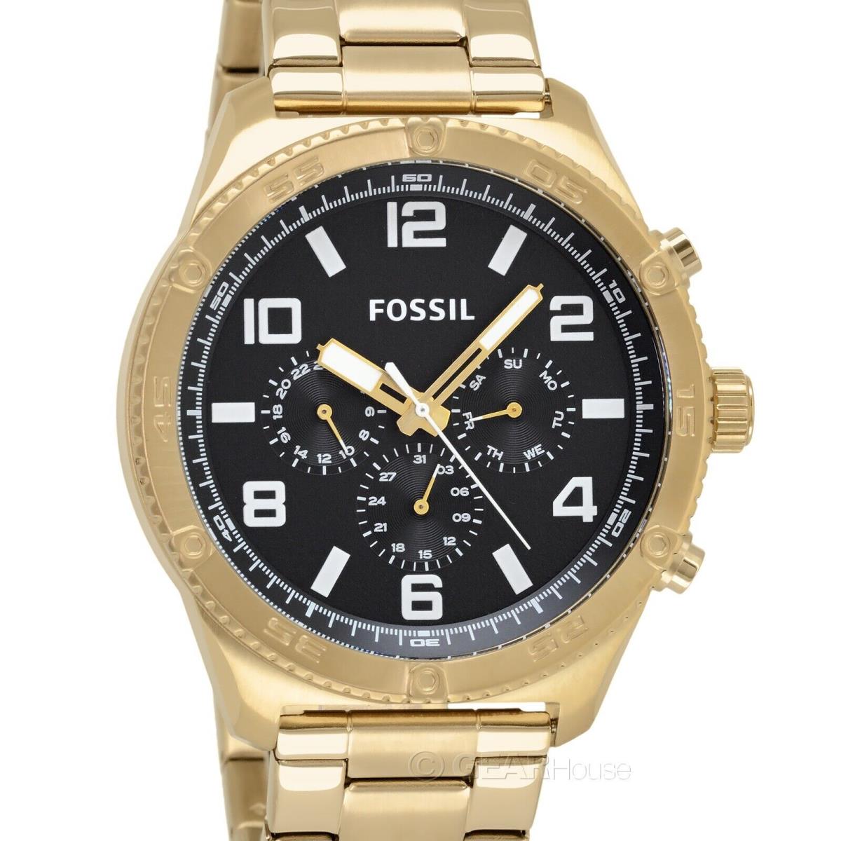 Fossil Brox Mens Gold Multifunction Watch Large Black Dial Stainless Steel Band