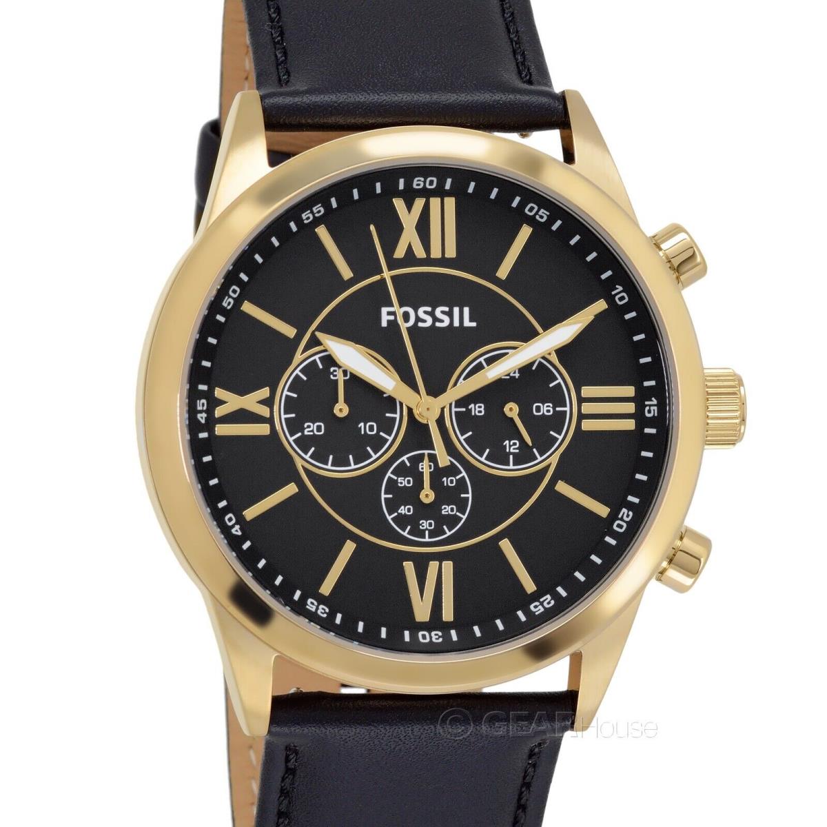 Fossil Flynn Mens Gold Chronograph Watch Black Dial Black Leather Band