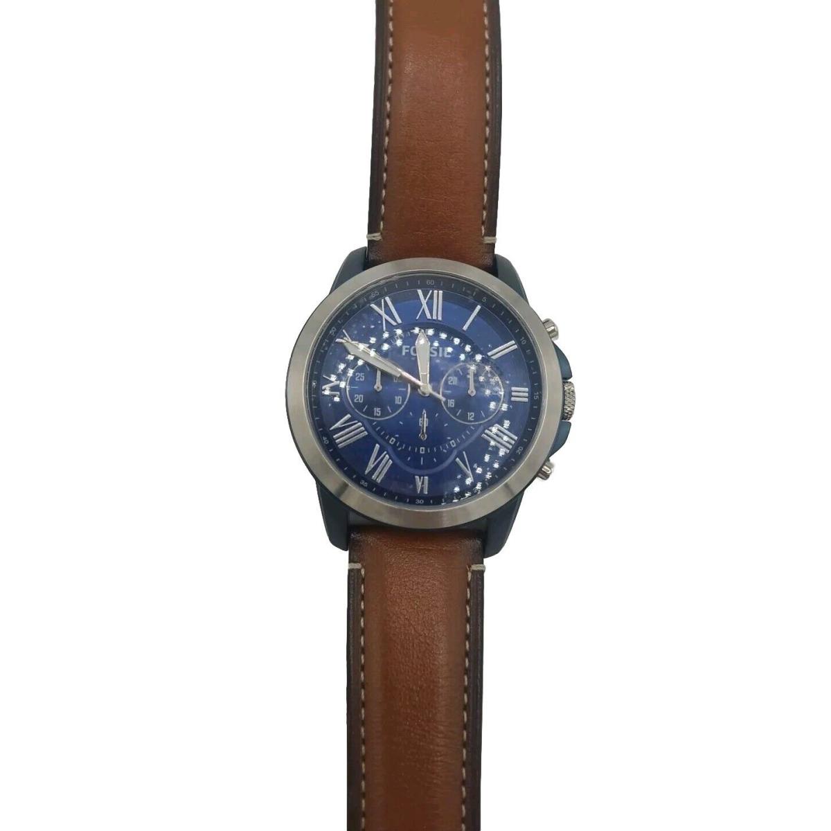 Fossil Grant Chronograph Blue Dial Mens Watch Leather Band FS5151 - Dial: Blue, Band: Brown, Bezel: Blue Ion-plated