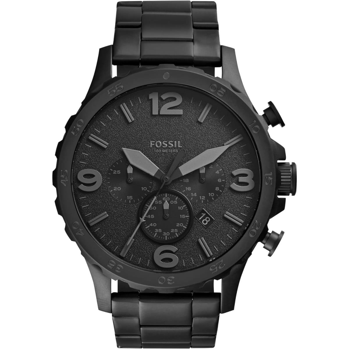 Fossil Nate Men`s Watch with Oversized Chronograph Watch Dial and Stainless Stee - Black, Dial: Black, Band: Black