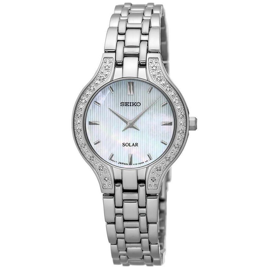 Seiko SUP333 Solar Diamond Accent Silver Tone Stainless Steel Women`s Watch