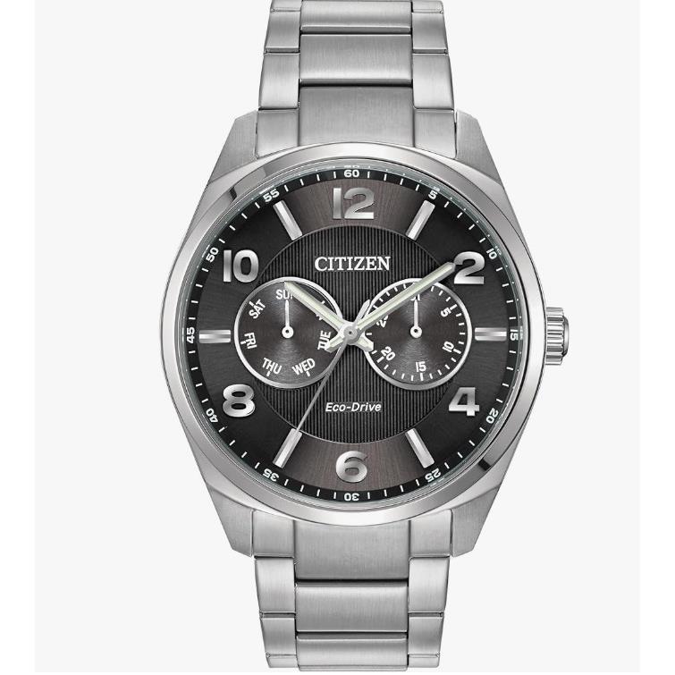 Citizen Eco-drive Men`s Black Dial Silver-tone Bracelet 43mm Watch