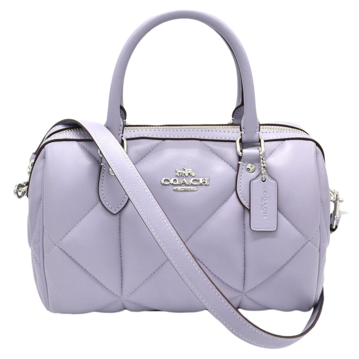 Coach Women`s Rowan Satchel Purse Crossbody Puffy Quilting Handbag Logo - Silver Hardware, Purple Exterior