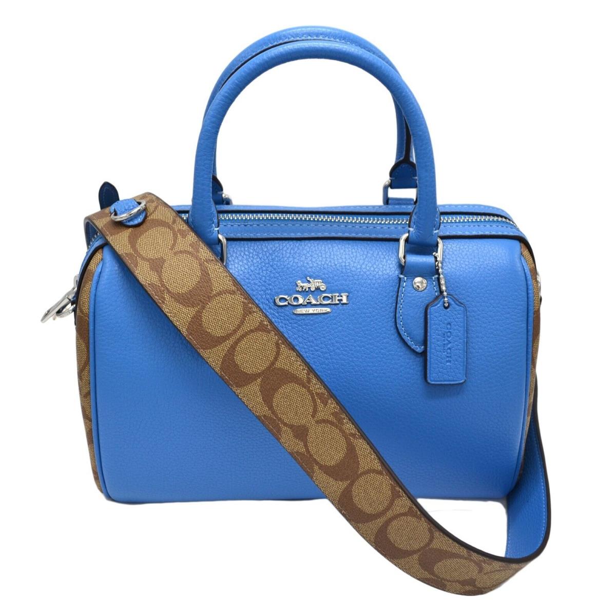 Coach Women`s Rowan Crossgrain Leather Satchel Purse Crossbody Logo Handbag - Silver Hardware, Blue Exterior