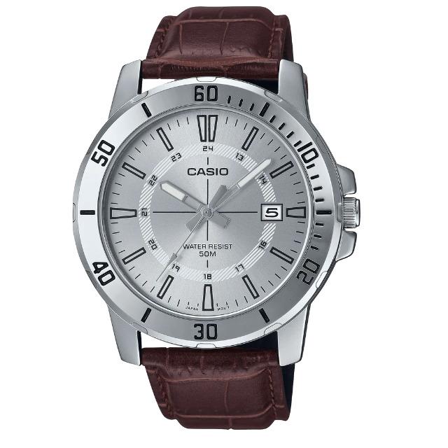 Casio Analog Quartz Classic Brown Leather Men`s Silver Dial Watch MTP-VD01L-7C