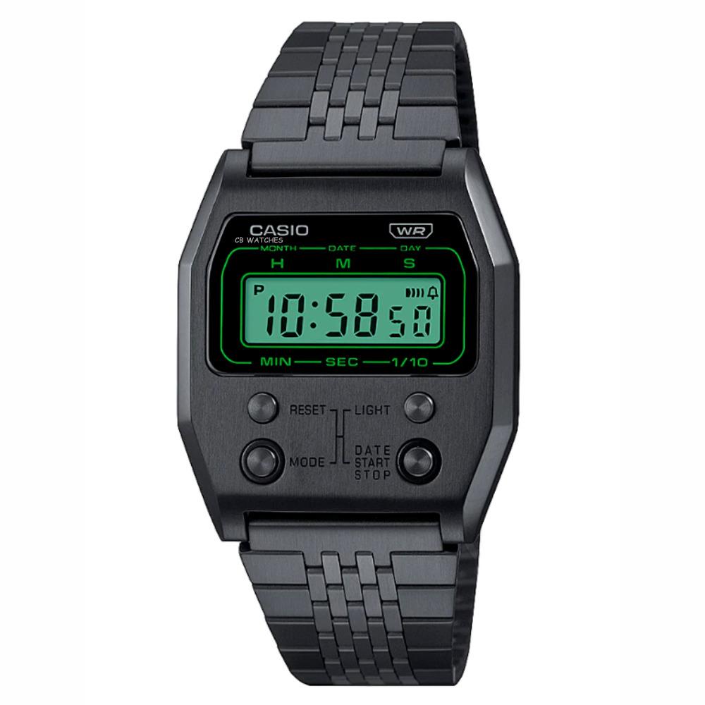 Casio A1100B-1 Black Vintage Series Ion Plated Alarm Stopwatch Digital Watch - Dial: Black, Band: Black, Bezel: Black