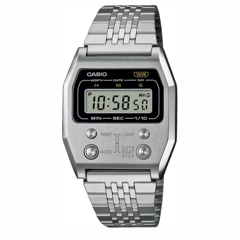 Casio A1100D-1 Reissue Vintage Series Digital Watch A1100 - Dial: Black, Band: Silver, Bezel: Silver