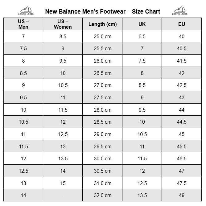 New balance australia size chart best sale