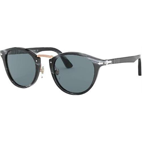 Persol PO3108S 111456 49mm Striped Grey Plastic Round Sunglasses Blue Lenses