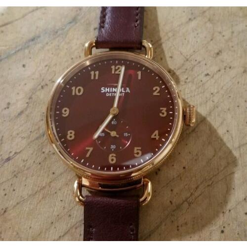 Shinola The Canfield Watch with 38mm Burgandy Face Rose Gold Bezel