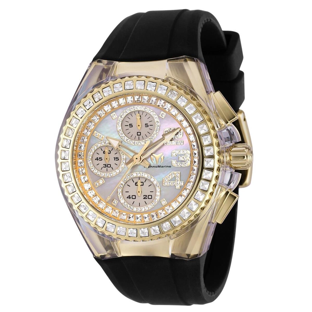 Technomarine Women`s TM-121060 Cruise Glitz Gold Mother of Pearl Dial 40mm - Dial: Silver, Band: Black, Bezel: Gold