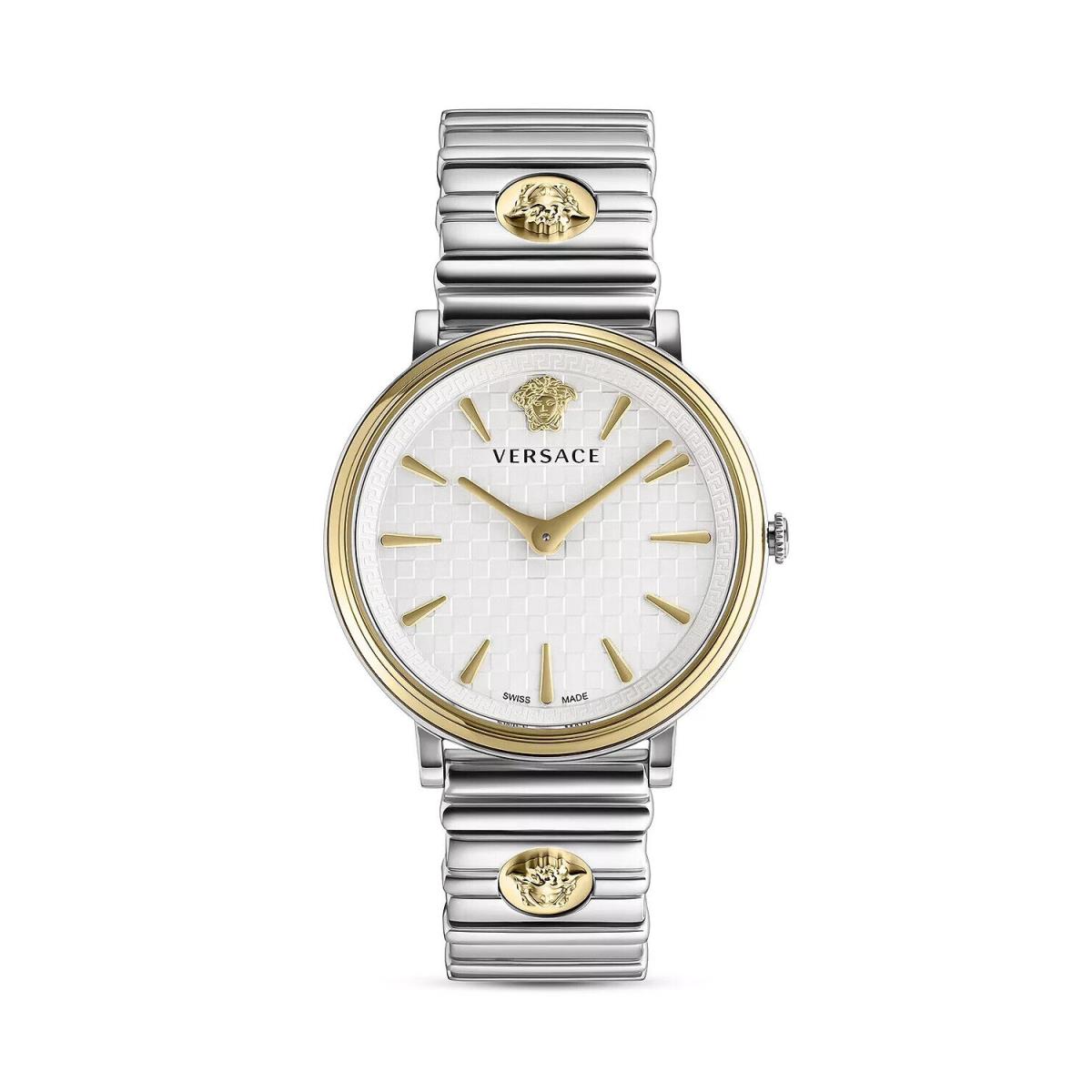 Versace V-circle Logomania Swiss Quartz Men`s Watch 38mm - Dial: White, Band: Silver, Bezel: Gold