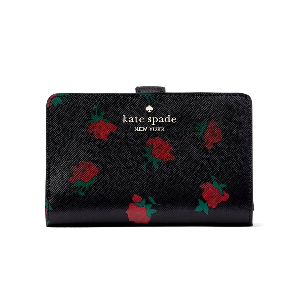New Kate Spade Madison Rose Toss Printed Medium Compact Bifold Wallet Black