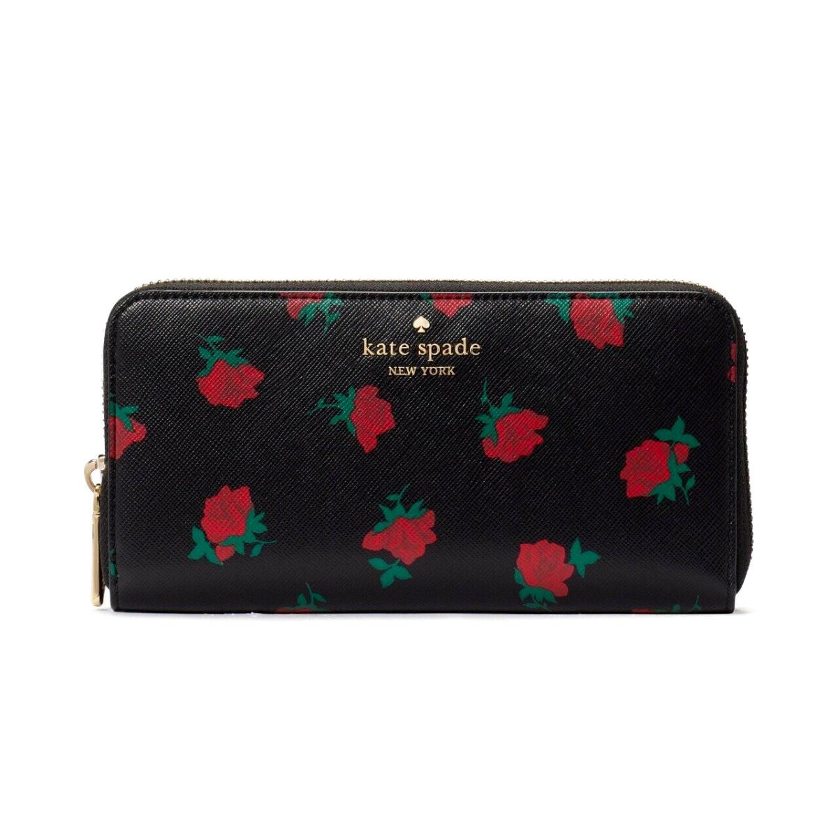 New Kate Spade Madison Rose Toss Printed Large Continental Wallet Black Multi