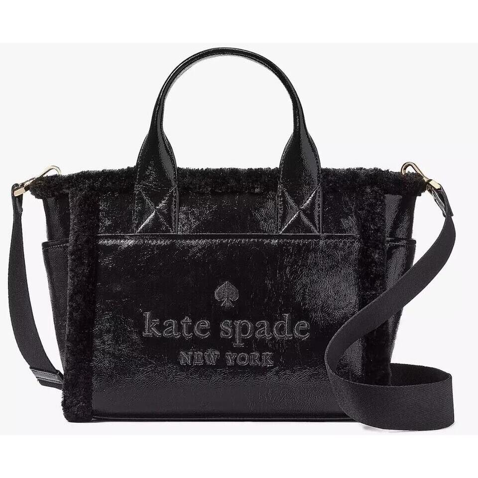 Kate Spade Jett Shearling Small Tote Handbag Black Patent KE516