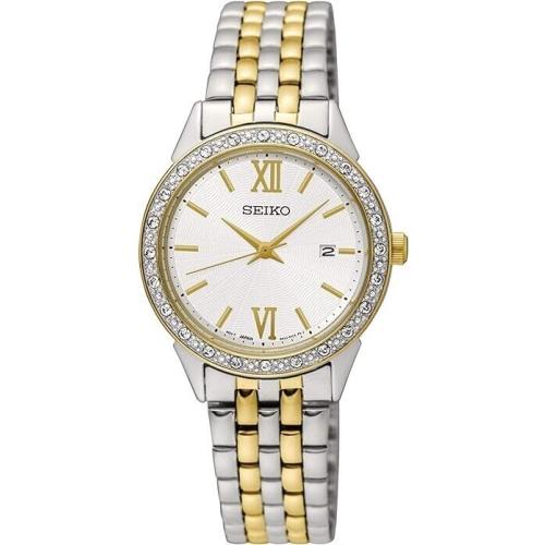 Seiko Ladies Two Tone Stainless Steel Crystal Bezel Watch SUR686