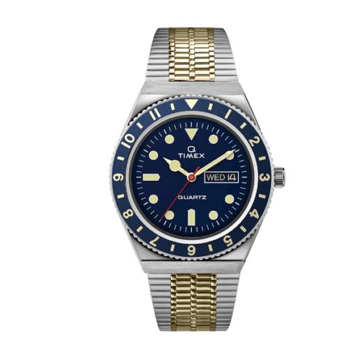 Q Timex Reissue Two Tone Stainless Steel Analog Quartz Men`s Watch TW2V18400 - Dial: Blue, Band: Gold