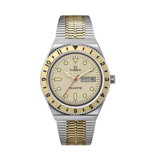 Timex Two Tone Men`s Analog Q Reissue Champagne Dial Wrist TW2V18600 Watch - Dial: , Band: Gold