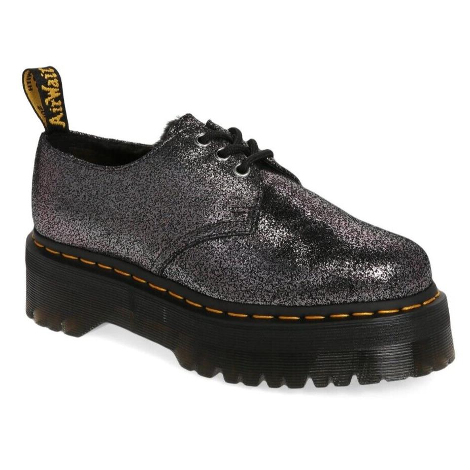 Dr. Martens 1461 Quad Womens Metallic Leather Fur Platform Shoes Black US 7