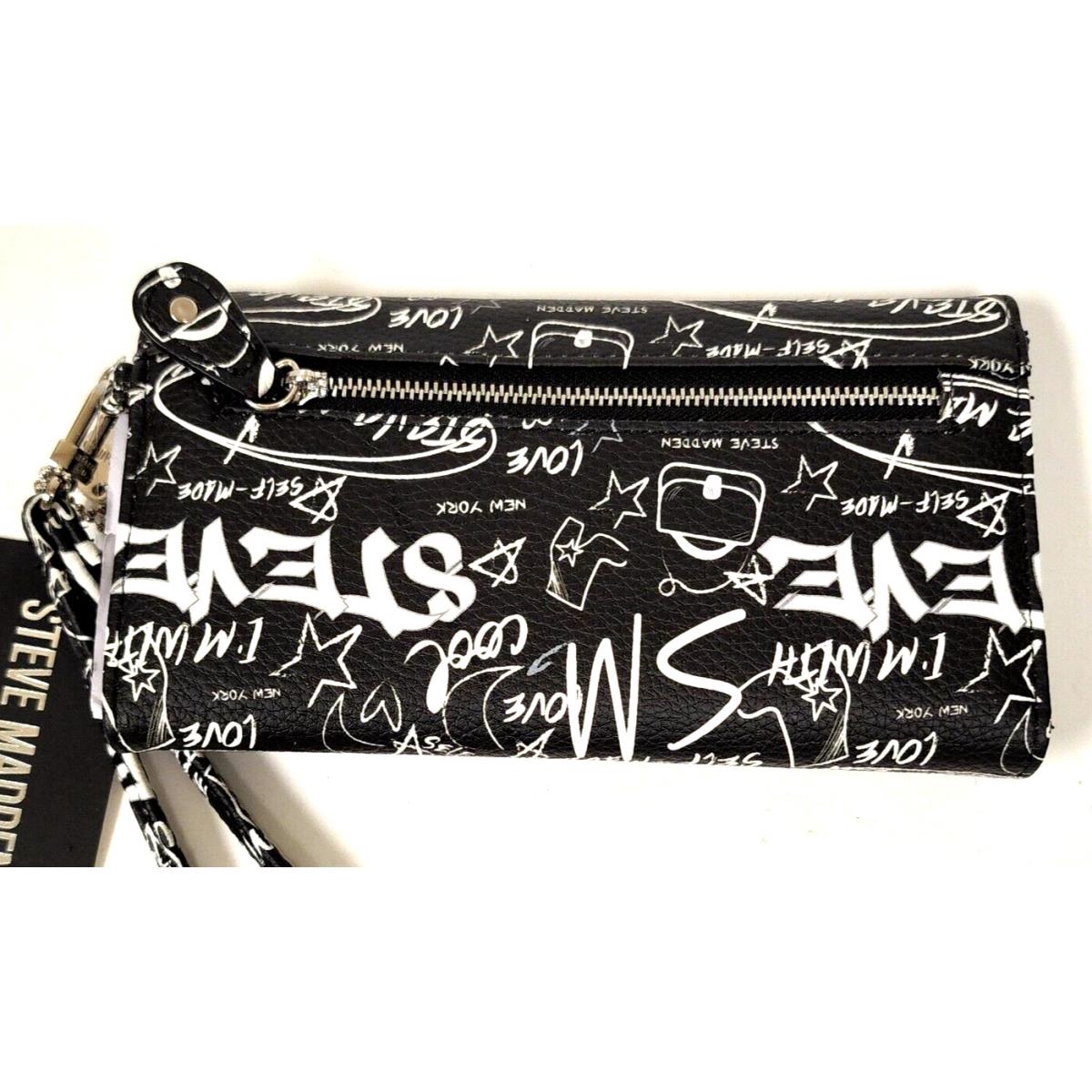 Steve Madden Printed Black White Logobar Silver Magnet Trifold Wristlet Wallet