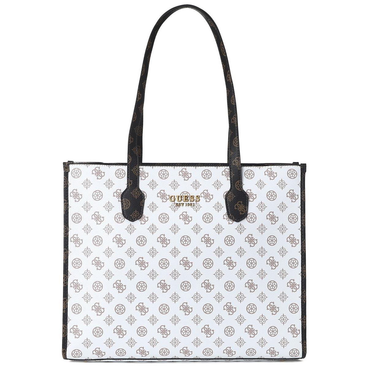 Guess Silvana 4G Logo Handle Flap Tote Bag In White Bronze