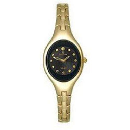 Bulova Ladies Gold Tone Oval Black Dial Watch 97V31