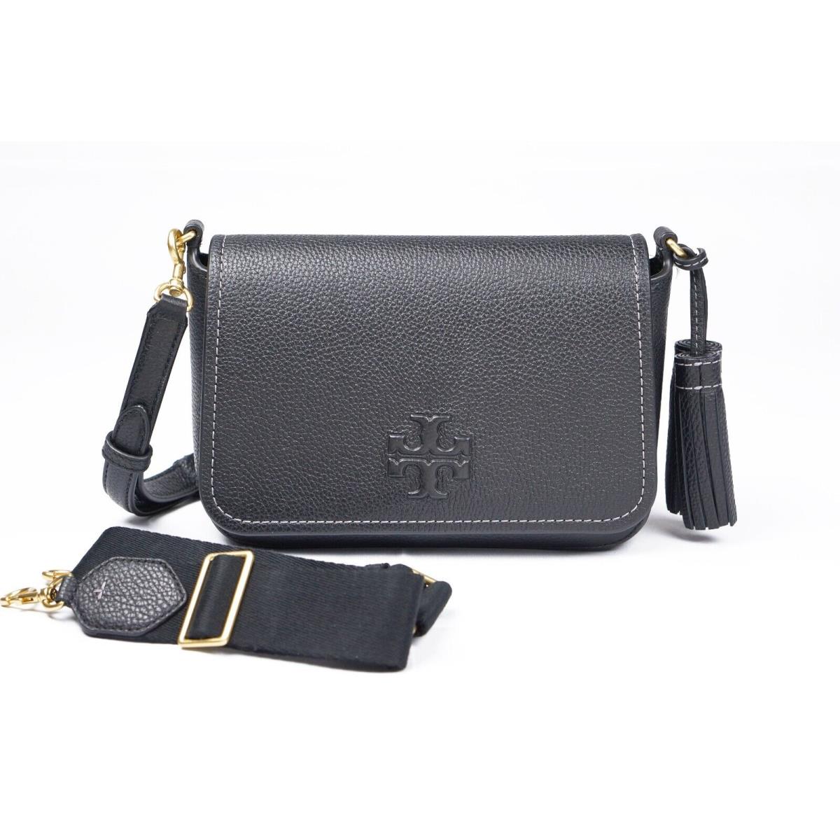 Tory Burch Thea Black Pebbled Leather Flap Crossbody Shoulder Bag Purse 144688